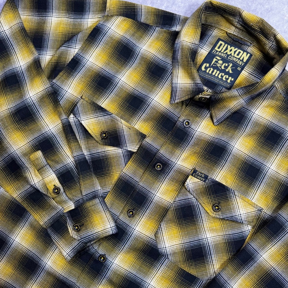 Dixxon Flannel Co F*ck Cancer Yellow Black Plaid D-Tech Mens 2X - Some Stains